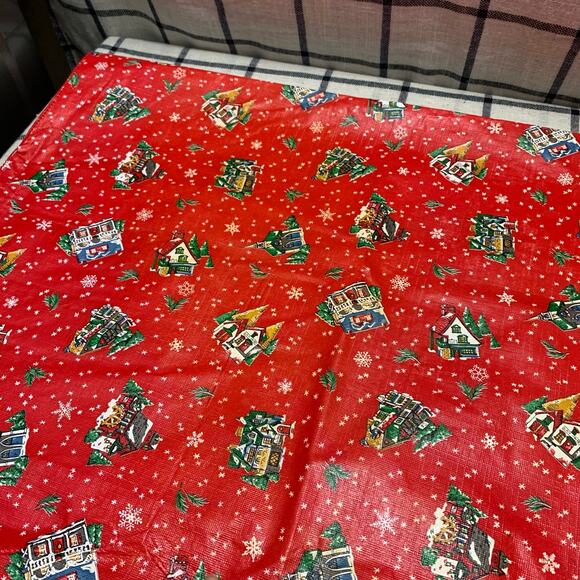 Vintage Vinyl Holiday Christmas Winter Tablecloth Oblong 53 x 68" Flannel Back - Picture 5 of 9